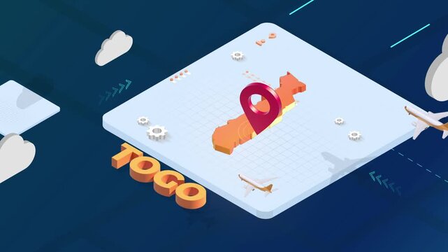 Isometric 3D Render of Togo Map with Red Location Pin Pointer and Floating Airplanes