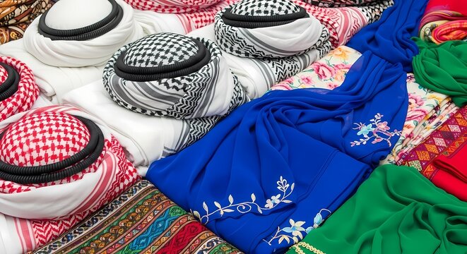 Traditional arab headwear displayed at a market stall with vibrant colors and sharp focus for travel and culture marketing