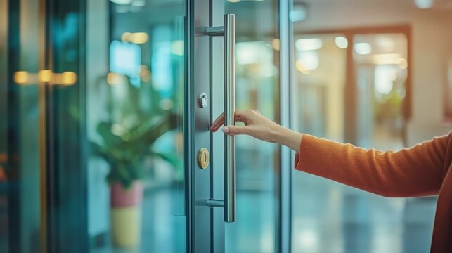Person opening modern glass office building entrance door handle in bright commercial interior space hallway lobby