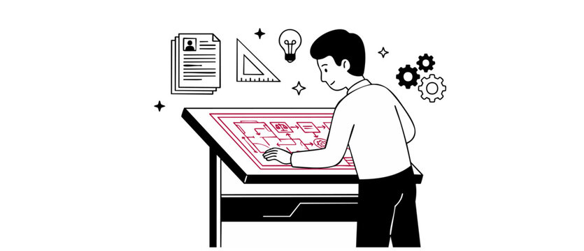System architect designing process workflow at interactive drafting table, creating program flowchart for business optimization, project management software planning vector line art illustration.