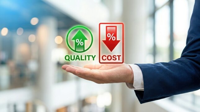Business hand holding a virtual icon representing increasing quality and decreasing cost, concept of business optimization and efficiency