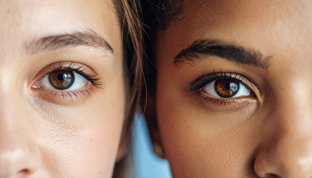 Diverse Gaze: A striking close-up portrait capturing the eyes of two individuals from different ethnic backgrounds, symbolizing unity, diversity.