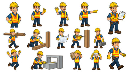 Fototapeta premium Professional vector construction worker mascot collection featuring a friendly builder in multiple poses and activities
