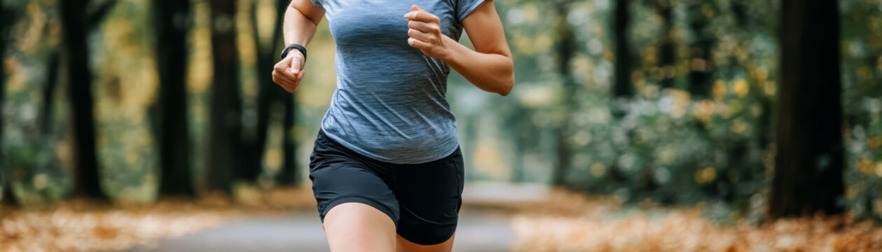 Woman running on trail through forest during autumn season cardio training athletic woman jogging along scenic forest trail during fall workout