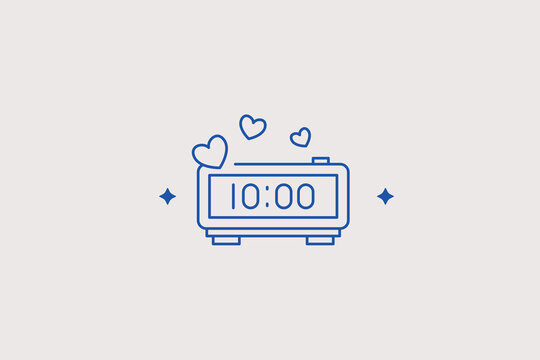 Digital desktop alarm clock with heart decorations line icon for clockmaker shop. Precise vector illustration for morning blog, time keeper, wake up service.
