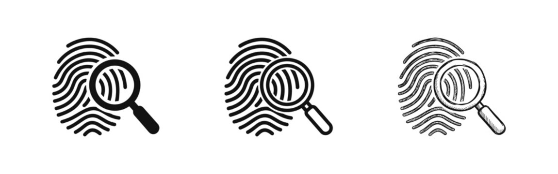 Fingerprint identification with magnifying glass icon set