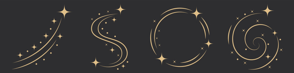 Gold Sparkle Trail Set on Dark Background, Luxury Celestial Swirl, Arc and Magic Dust Elements, Minimal Vector Twinkle Paths for Elegant Decoration, Logo, Invitation and Graphic Design © Mirikiteki