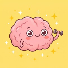 Naklejka premium A cheerful brain character lifting weights surrounded by sparkles on yellow
