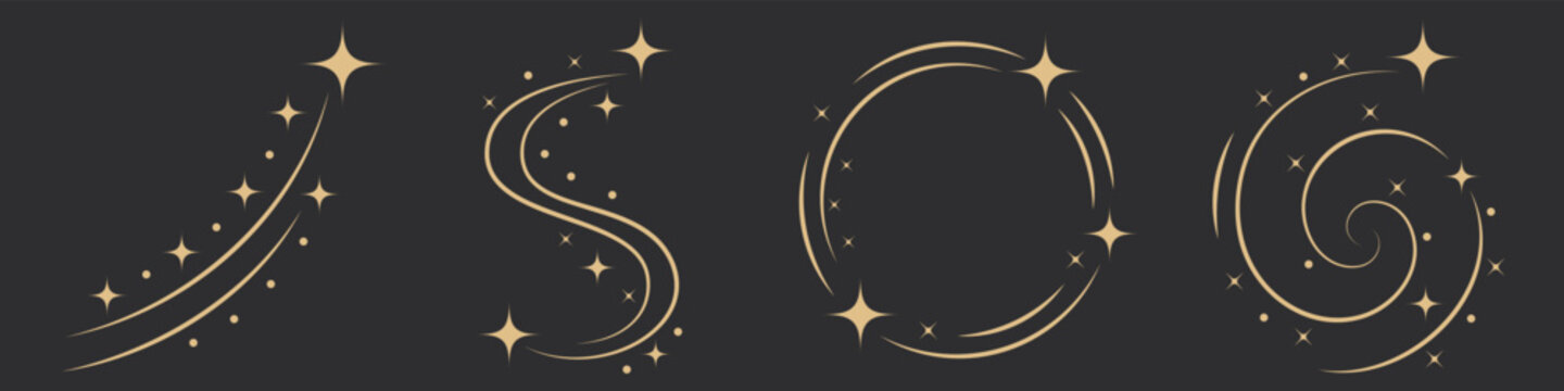 Gold Sparkle Trail Set on Dark Background, Luxury Celestial Swirl, Arc and Magic Dust Elements, Minimal Vector Twinkle Paths for Elegant Decoration, Logo, Invitation and Graphic Design