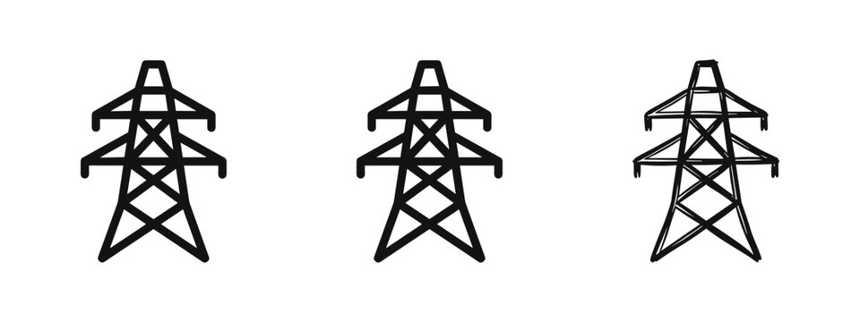 Set of three electrical transmission tower icons in various styles