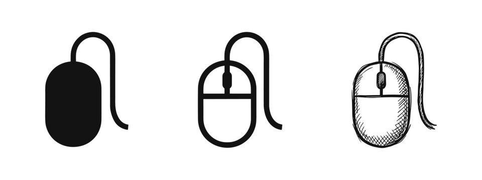 Computer mouse icons collection, solid, linear and sketch styles