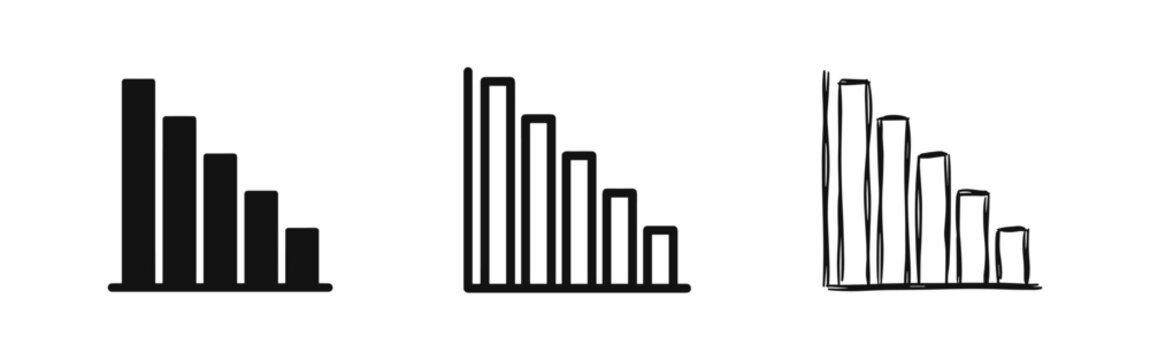 Bar chart icons set, descending growth, glyph, line and sketch