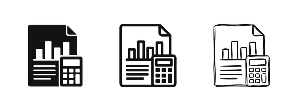 Financial report icons with calculator and charts, set of styles