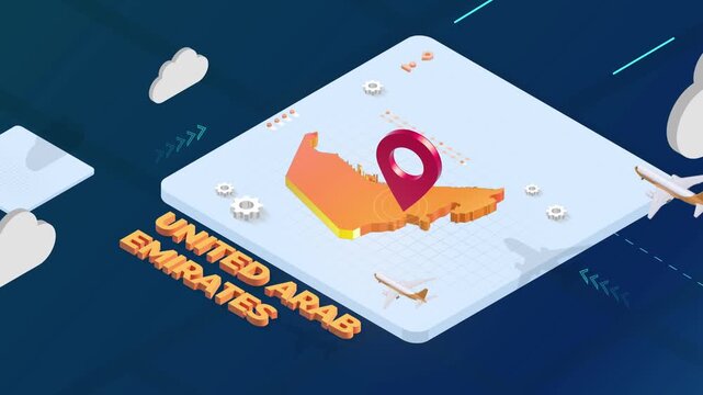 Isometric 3D Render of United Arab Emirates Map with Red Location Pin Pointer and Floating Airplanes