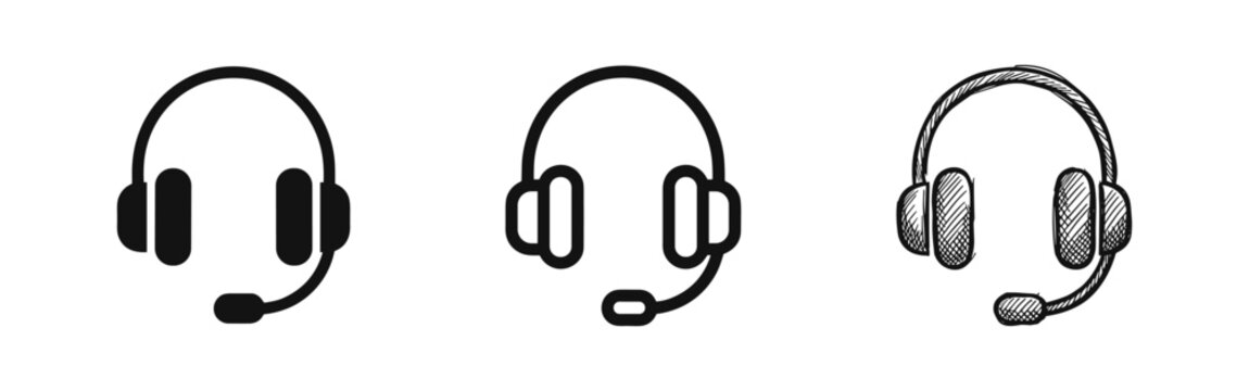 Customer Service Headset Icons in Solid, Outline and Sketch