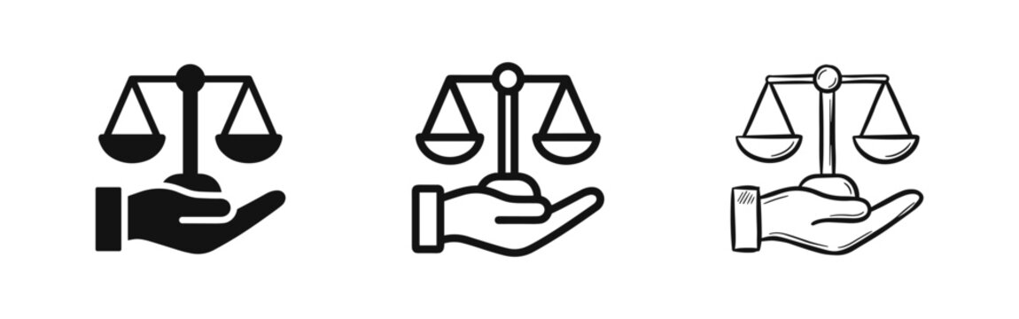 Justice scales in hand icon set, legal balance, courtroom symbols