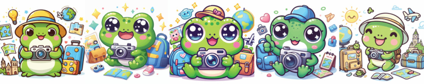 Vector of a cute cartoon frog character taking photos during a trip
