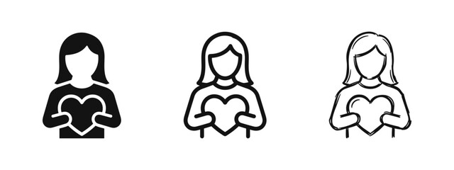 Woman Holding a Heart Icon Set in Solid, Line Art, and Hand-Drawn Styles for Love and Charity Concepts © drawing lines