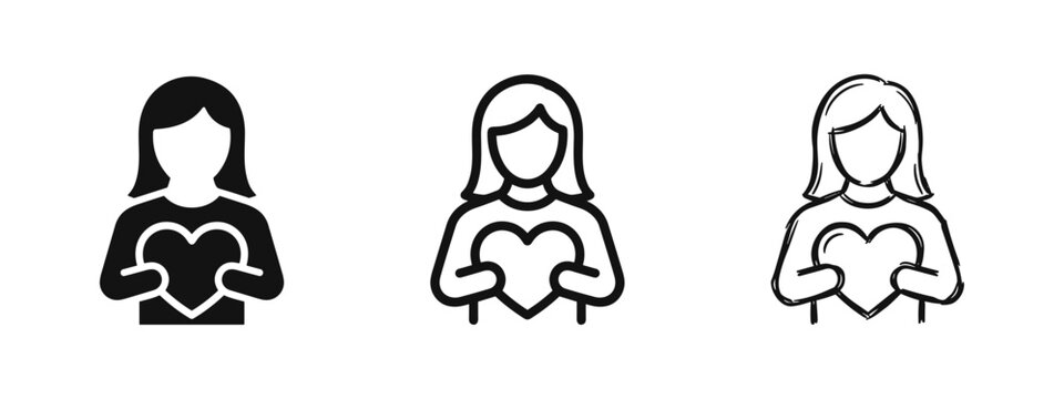 Woman Holding a Heart Icon Set in Solid, Line Art, and Hand-Drawn Styles for Love and Charity Concepts