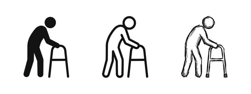 Elderly person with walker icon set, senior mobility aid, walking frame symbol