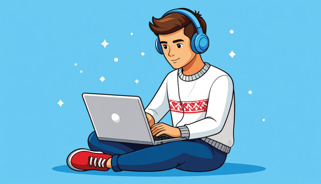 Young man wearing headphones using laptop.