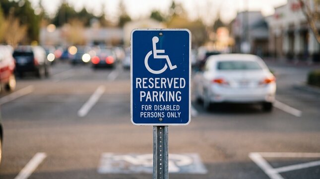 A close-up view of a blue and white handicap accessible parking sign standing in a busy shopping center parking lot during golden hour.