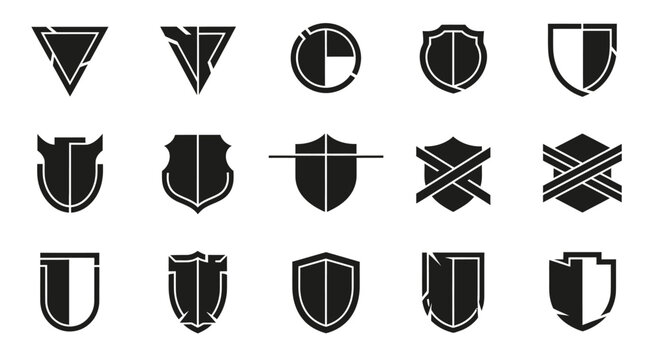 Collection of shield icons, security symbols, and retro emblems