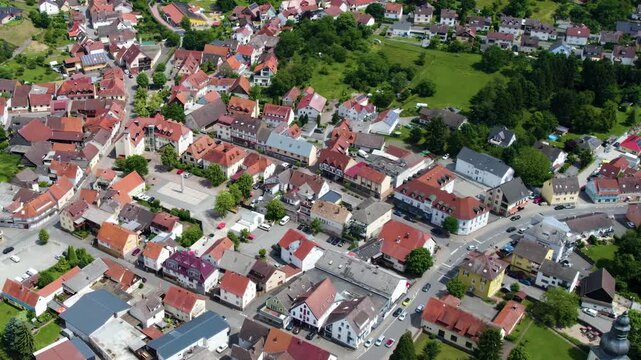 Panoramic aerial view beside the old town of the city Rimbach in hesse in Germany on a cloudy noon in spring.