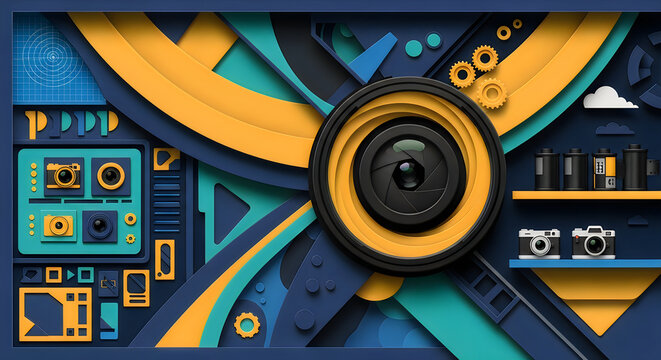 Vintage yellow camera lens with film photography icons and elements on purple grid background