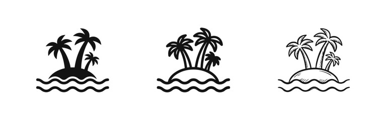 Fototapeta premium Set of tropical island icons with palm trees in solid, linear and sketch styles