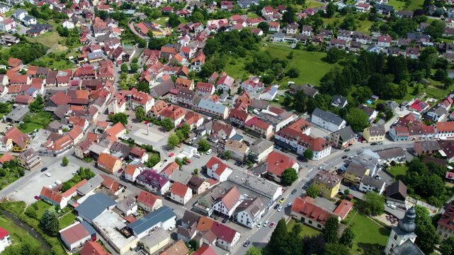 Panoramic aerial view beside the old town of the city Rimbach in hesse in Germany on a cloudy noon in spring.