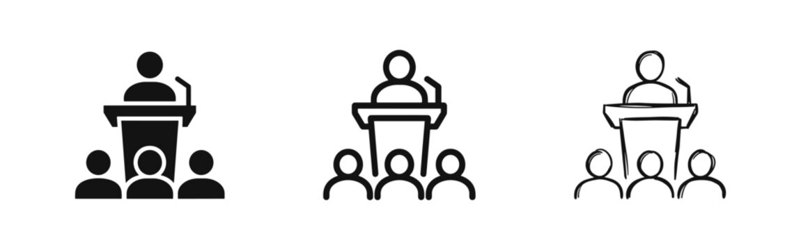 Public Speaker Icon Set: Person at Podium Addressing an Audience in Solid, Outline, and Hand-Drawn Styles.
