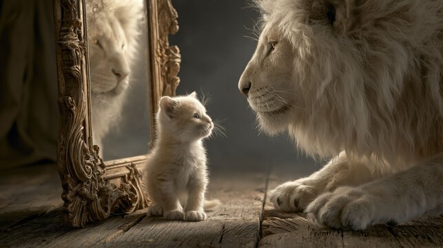 Cute kitten and lion mirror reflection concept showing Self-Esteem Conceptual and domestic animal behavior related with human mind.