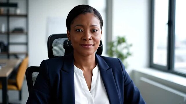 Confident African American businesswoman in navy blazer smiling at camera in modern office workplace