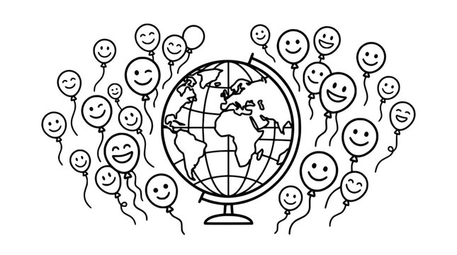 Happy Earth Balloons Orbiting Globe, World Celebration, Global Joy