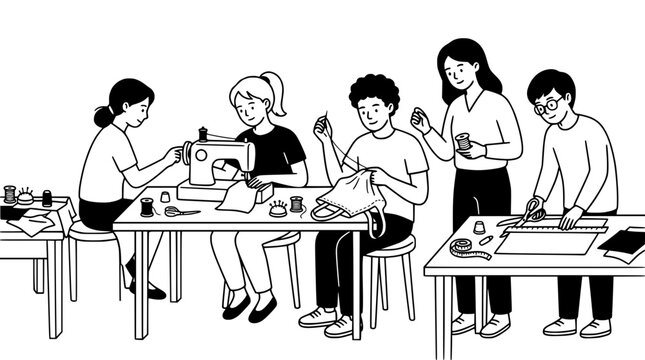 Diverse group of people learning sewing and tailoring in a workshop class illustration