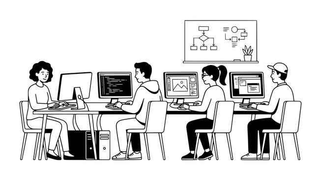 Diverse students learning coding and graphic design on computers in a classroom.