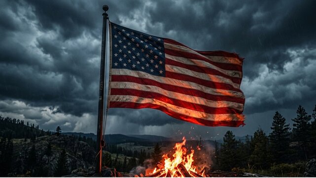 The american flag waves proudly in the USA, near a burning campfire at dusk.
