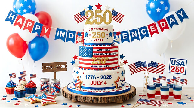 A three-tiered American-flag cake topped with "250" and labeled "1776-2026 July 4", 8k image