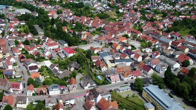 Panoramic aerial view beside the old town of the city Rimbach in hesse in Germany on a cloudy noon in spring.