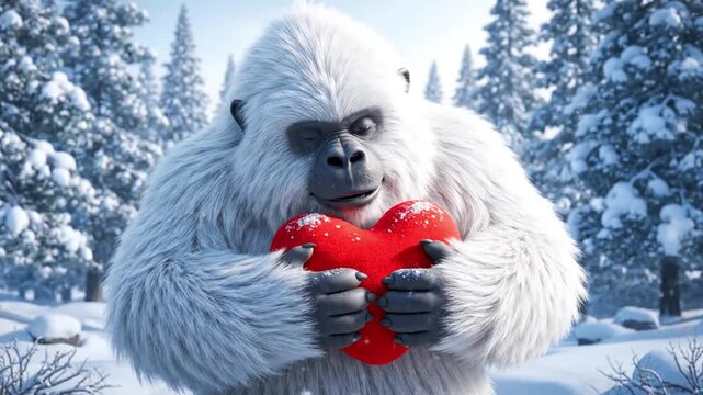 3D animated cute white yeti holding red heart in snowy winter forest with snow covered pine trees looking at camera