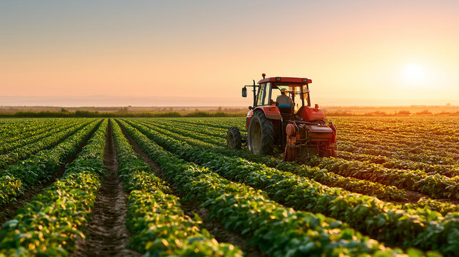 Red tractor working in a green field at sunset with copy space on top