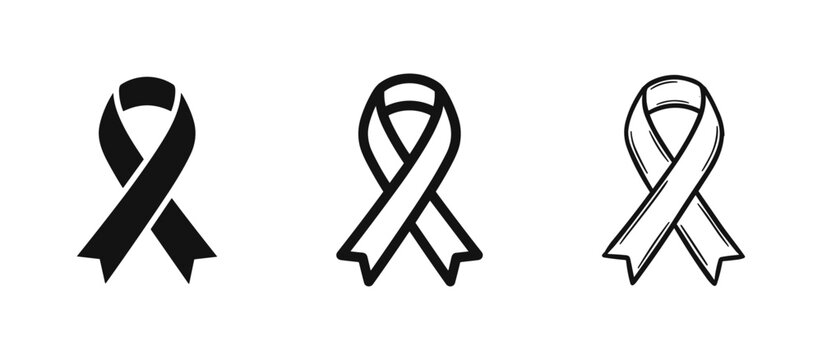 Awareness Ribbon Icons Set in Three Styles: Solid, Outline, and Hand-Drawn Sketch