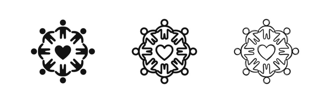 People Holding Hands Around Heart Icon Set in Three Styles
