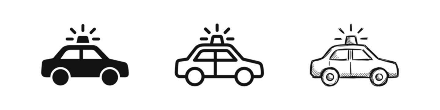 Police car icons in solid, outline and sketch style