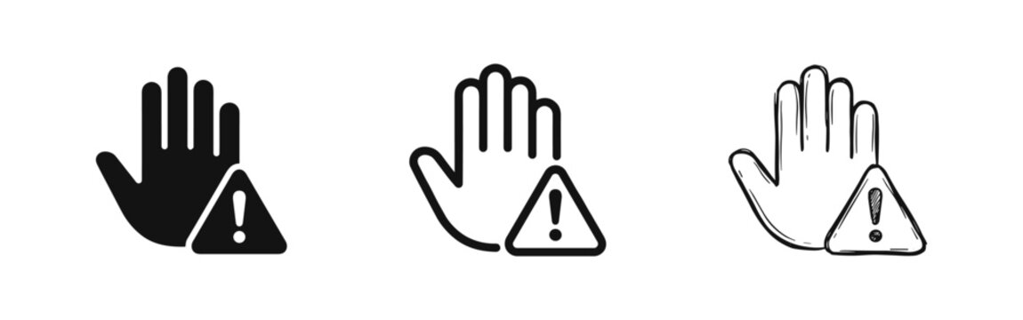 Warning hand and exclamation mark icons in solid, outline and sketch style