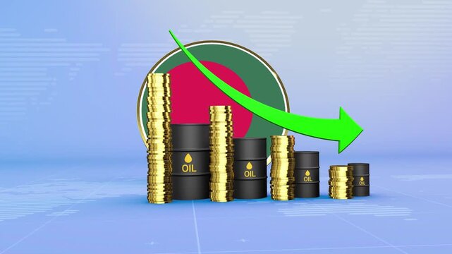 Bangladesh Oil Prices Decline with Oil Barrels, Gold Coins and Downward Green Arrow, 3D Economic and Financial Market Concept