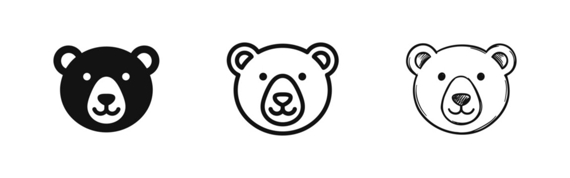 Cute bear head icon set in solid, outline, and hand-drawn styles, perfect for kids' designs and animal themes.