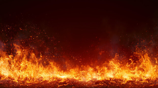 Intense fire flames and sparks burning on black background with copy space on top