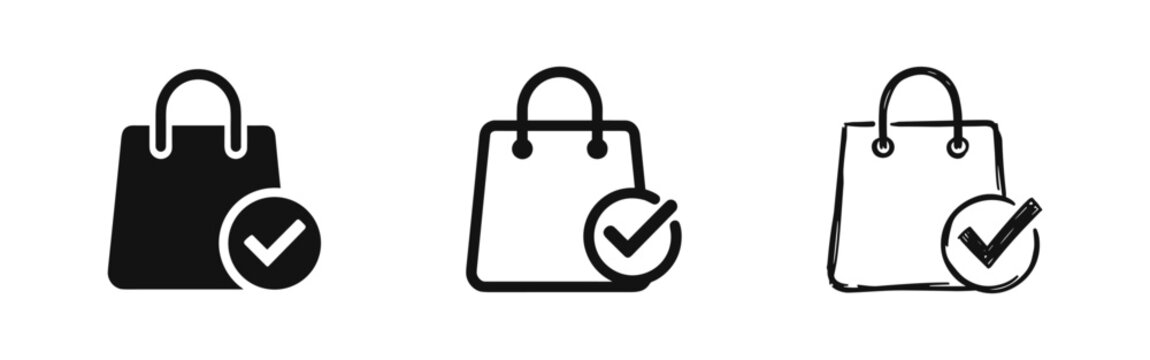 Shopping bag with checkmark icon set representing completed purchase or successful order, in diverse styles.
